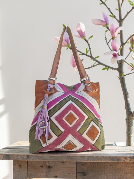 Fossil Handbags - Fossil Vintage Jesse Suede & Canvas Embellished Patchwork Tote